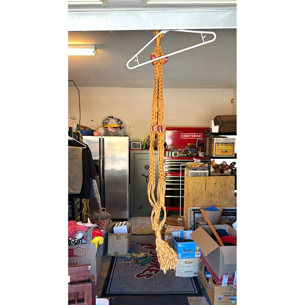 Vintage Macramé Rope Plant Hanger, Beige with Pink Beads, for Houseplants & Pots